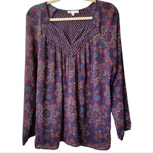 Dr2 Nordstrom Navy Paisley Long Sleeve Blouse Like New sz L